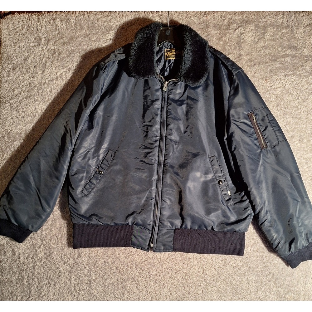 Vintage Timber King Bomber Jacket Navy Faux Fur Collar Quilted USA Made Large